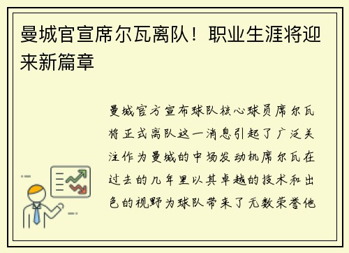 曼城官宣席尔瓦离队！职业生涯将迎来新篇章