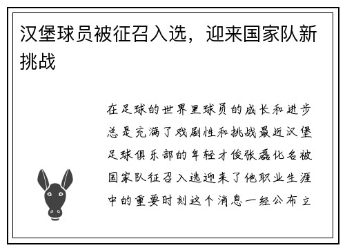 汉堡球员被征召入选，迎来国家队新挑战